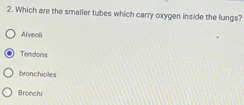 2. Which are the smaller tubes which carry oxygen inside the lungs?
Alveoli
Tendons
bronchioles
Bronchi