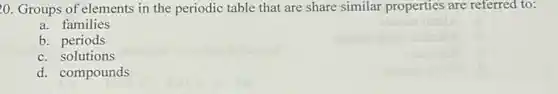 20. Groups of elements in the periodic table that are share similar properties are referred to:
a. families
b. periods
c. solutions
d. compounds