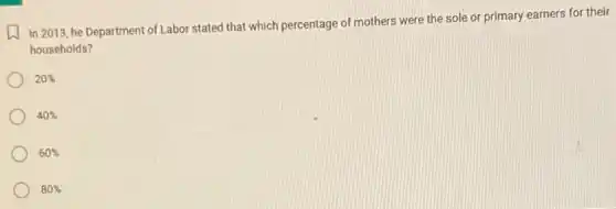In 2013, he Department of Labor stated that which percentage of mothers were the sole or primary earners for their
households?
20% 
40% 
60% 
80%