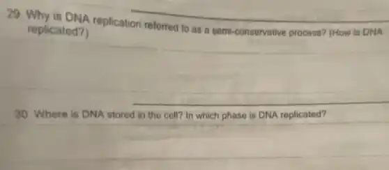 29. Why is DNA replication referred to as a semi-conservative process? (How is DNA
replicated?)
30. Where is DNA stored in the cell?In which phase is DNA replicated?