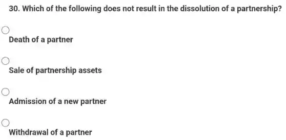 30. Which of the following does not result in the dissolution of a partnership?
Death of a partner
Sale of partnership assets
Admission of a new partner
Withdrawal of a partner