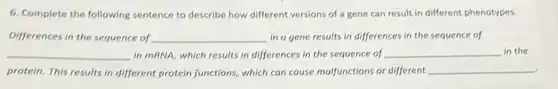 6. Complete the following sentence to describe how different versions of a gene can result in different phenotypes.
Differences in the sequence of __ in a gene results in differences in the sequence of
__ in mRNA, which results in differences in the sequence of
__ in the
protein. This results in different protein functions, which can cause malfunctions or different
__