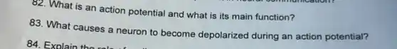 82. What is an action potential and what is its main function?
83. What causes a neuron to become depolarized during an action potential?