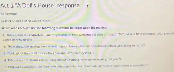 Act 1 "A Doll's House" response
All Sections
Reflect on Act1 of "A Doll's House".
As we read each act, use the following questions to reflect upon the reading.
1. Think about the characters: (are they relatable?how sympathetic? who is "round", "flat", what is their purpose?, what prejudi
biases do they have?)
2. Think about the setting: (how does it impact characterization? how does it impact your ability to relate?)
3: Think about the conflicts: (are they relatable?why do they exist?)
4: Think about the themes: (what is the author's purpose? why are we reading this play?)
5: Language/symbolism/pov/figurative language: (what else stands out in the play?what else is noteworthy?