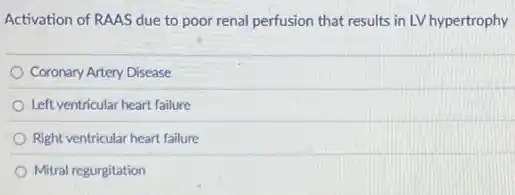 Activation of RAAS due to poor renal perfusion that results in LV hypertrophy
Coronary Artery Disease
Left ventricular heart failure
Right ventricular heart failure
Mitral regurgitation
