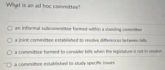 What is an ad hoc committee?
an informal subcommittee formed within a standing committee
a joint committee established to resolve differences between bills
a committee formed to consider bills when the legislature is not in session
a committee established to study specific issues