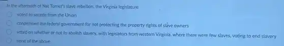 In the aftermath of Nat Turner's slave rebellion the Virginia legislature
voted to secede from the Union
condemned the federal government for not protecting the property rights of slave owners
voted on whether or not to abolish slavery,with legislators from western Virginia, where there were few slaves, voting to end slavery
none of the above