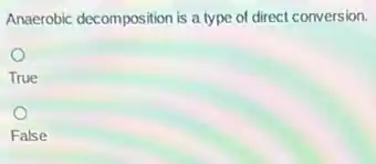 Anaerobic decomposition is a type of direct conversion.
True
False