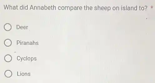 What did Annabeth compare the sheep on island to?
Deer
Piranahs
Cyclops
Lions
