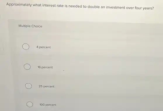 Approximately what interest rate is needed to double an investment over four years?
Multiple Choice
4 percent
18 percent
25 percent
100 percent
