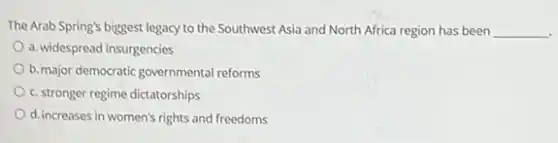 The Arab Spring's biggest legacy to the Southwest Asia and North Africa region has been __
a. widespread insurgencies
b. major democratic governmental reforms
c. stronger regime dictatorships
d. increases in women's rights and freedoms