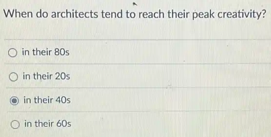 When do architects tend to reach their peak creativity?
in their 80s
in their 20s
in their 40s
in their 60s