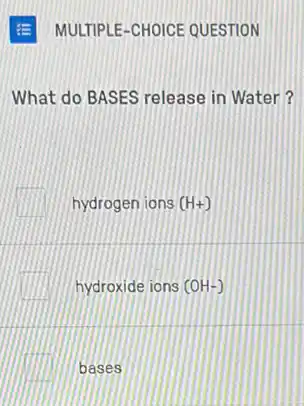 What do BASES release in Water?
hydrogen ions (H+)
hydroxide ions (OH-)
bases
