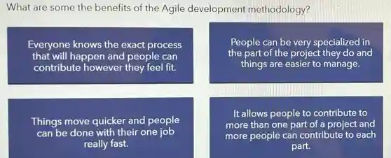 What are some the benefits of the Agile development methodology?
Everyone knows the exact process
that will happen and people can
contribute however they feel fit.
People can be very specialized in
the part of the project they do and
things are easier to manage.
Things move quicker and people
can be done with their one job
really fast.
It allows people to contribute to
more than one part of a project and
more people can contribute to each
part.