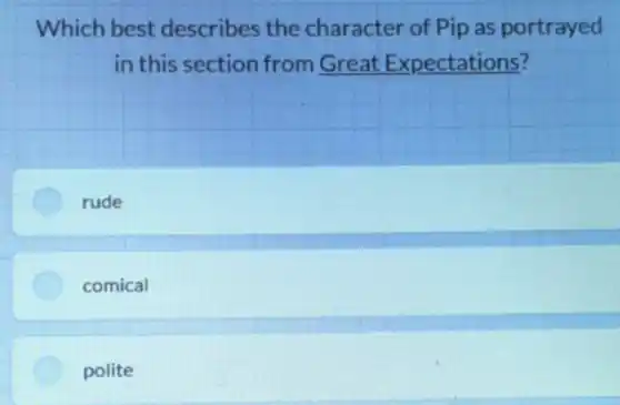 Which best describes the character of Pip as portrayed
in this section from Great Expectations?
rude
comical
polite