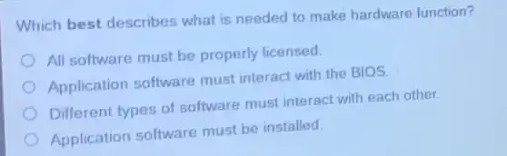 Which best describes what is needed to make hardware function?
All software must be properly licensed.
Application software must interact with the BIOS.
Different types of software must interact with each other.
Application software must be installed.