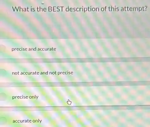 What is the BEST description of this attempt?
precise and accurate
not accurate and not precise
precise only
accurate only