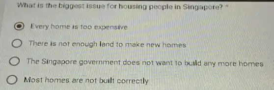 What is the biggest issue for housing people in Singapore?
Every home is too expensive
There is not enough land to make new homes
The Singapore government does not want to build any more homes
Most homes are not built correctly