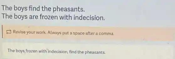 The boys find the pheasants.
The boys are frozen with indecision.
Revise your work Always put a space after a comma.
The boys,frozen with indecision, find the pheasants.