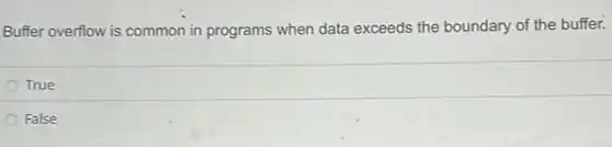 Buffer overflow is common in programs when data exceeds the boundary of the buffer.
True
False