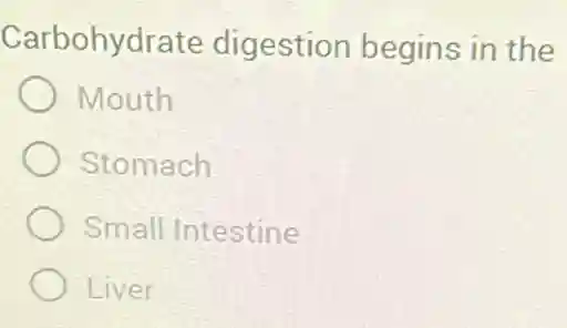 Carbohydrate digestion begins in the
Mouth
Stomach
Small Intestine
Liver