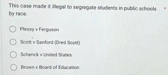 This case made it illegal to segregate students in public schools
by race.
Plessy v Ferguson
Scott v Sanford (Dred Scott)
Schenck v United States
Brown v Board of Education