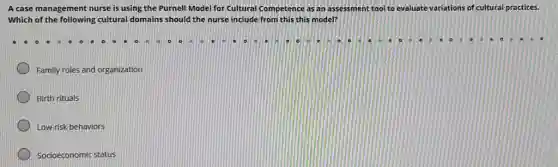 A case management nurse is using the Purnell Model for Cultural Competence as an assessment tool to evaluate variations of cultural practices.
Which of the following cultural domains should the nurse include from this this model?
Family roles and organization
Birth rituals
Low-risk behaviors
Socioeconomic status