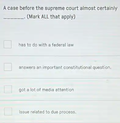 A case before the supreme court almost certainly
__ . (Mark ALL that apply)
has to do with a federal law
answers an important constitutional question.
got a lot of media attention
Issue related to due process.