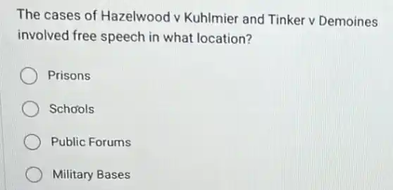 The cases of Hazelwood v Kuhlmier and Tinker v Demoines
involved free speech in what location?
Prisons
Schools
Public Forums
Military Bases