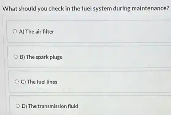 What should you check in the fuel system during maintenance?
A) The air filter
B) The spark plugs
C) The fuel lines
D) The transmission fluid