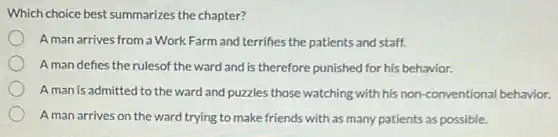 Which choice best summarizes the chapter?
A man arrives from a Work Farm and terrifies the patients and staff.
A man defies the rulesof the ward and is therefore punished for his behavior.
A man is admitted to the ward and puzzles those watching with his non-conventional behavior.
A man arrives on the ward trying to make friends with as many patients as possible.
