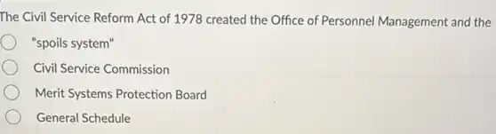 The Civil Service Reform Act of 1978 created the Office of Personnel Management and the
"spoils system"
Civil Service Commission
Merit Systems Protection Board
General Schedule