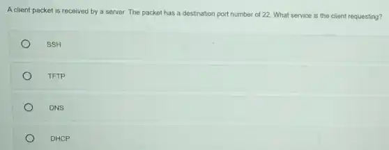 A client packet is received by a server.The packet has a destination port number of 22. What service is the client requesting?
SSH
TFTP
DNS
DHCP