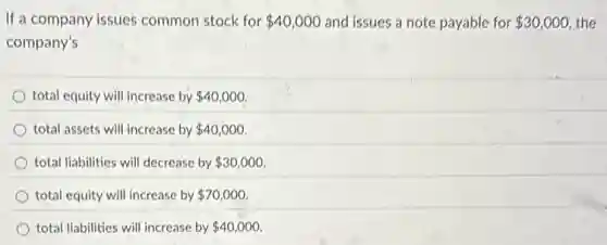 If a company issues common stock for 40,000 and issues a note payable for 30,000 the
company's
total equity will increase by 40,000
total assets will increase by 40,000
total liabilities will decrease by 30,000
total equity will increase by 70,000
total liabilities will increase by 40,000