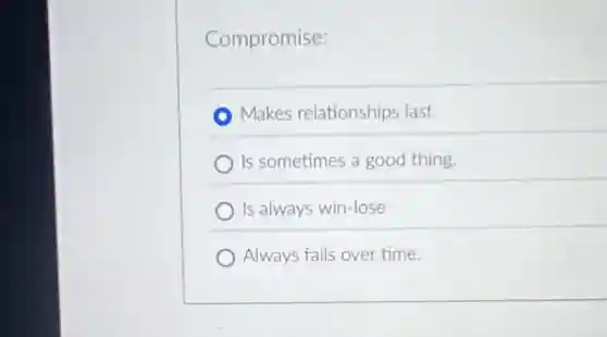 Compromise:
Makes relationships last
Is sometimes a good thing.
Is always win-lose
Always fails over time.
