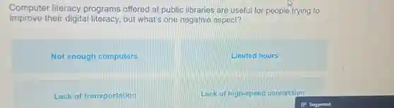 Computer literacy programs offered at public libraries are useful for people trying to
improve their digital literacy, but what's one negative aspect?
Not enough computers
Limited hours
Lack of transportation
Lack of high-speed connection