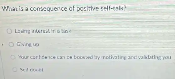 What is a consequence of positive self-talk?
Losing interest in a task
Giving up
Your confidence can be boosted by motivating and validating you
Self doubt