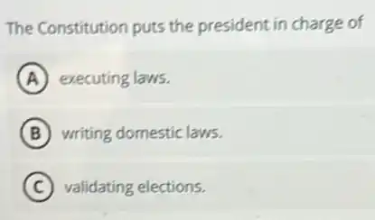 The Constitution puts the president in charge of
A executing laws.
B writing domestic laws.
C validating elections.