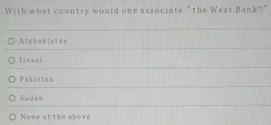 With what country would one associate "the West Bank?"
Afghanistan
Israel
Pakistan
Sudan
None of the above