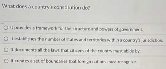 What does a country's constitution do?
It provides a framework for the structure and powers of government.
It establishes the number of states and territories within a country's jurisdiction.
It documents all the laws that citizens of the country must abide by.
It creates a set of boundaries that foreign nations must recognize.