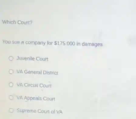 Which Court?
You sue a company for 175.000 in damages
Juvenile Court
VA General District
VA Circuit Court
VA Appeals Court
Supreme Court of VA