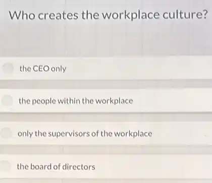Who creates the workplace culture?
the CEO only
the people within the workplace
only the supervisors of the workplace
the board of directors