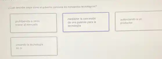 ¿Cuál describe mejor cómo el gobierno sanciona los monopolios tecnológicos?
prohibiendo a otros
entrar al mercado
mediante la concesión
de una patente para la
tecnología
autorizando a un
productor
creando la tecnología
en sí