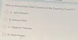 Who is the current Chief Justice of the Supreme Court?
A. John Roberts
B. Samuel Alito
C. Clarence Thomas
D. Elena Kagan