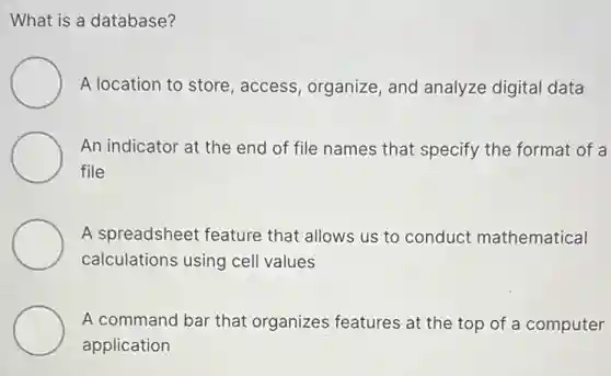 What is a database?
A location to store , access, organize, and analyze digital data
An indicator at the end of file names that specify the format of a
file
A spreadsheet feature that allows us to conduct mathematical
calculations using cell values
A command bar that organizes features at the top of a computer
application
