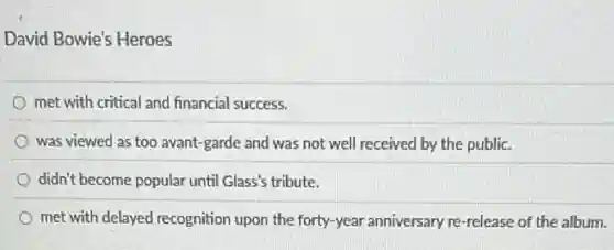 David Bowie's Heroes
met with critical and financial success.
was viewed as too avant-garde and was not well received by the public.
didn't become popular until Glass's tribute.
met with delayed recognition upon the forty-year anniversary re-release of the album.