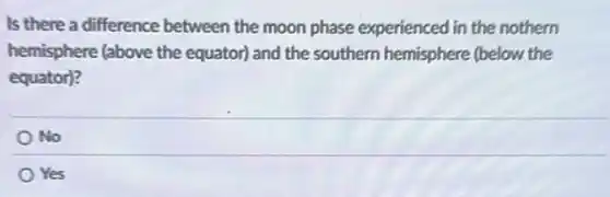 Is there a difference between the moon phase experienced in the nothern
hemisphere (above the equator) and the southern hemisphere (below the
equator)?
No
Yes