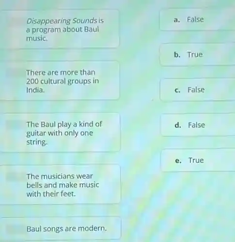 Disappearing Sounds is
a program about Baul
music.
There are more than
200 cultural groups in
India.
The Baul play a kind of
guitar with only one
string.
The musicians wear
bells and make music
with their feet.
Baul songs are modern.
a. False
b. True
c. False
d. False
e. True