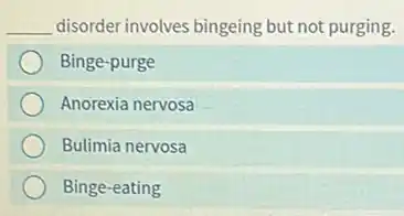 __ disorder involves bingeing but not purging.
Binge-purge
Anorexia nervosa
Bulimia nervosa
Binge-eating