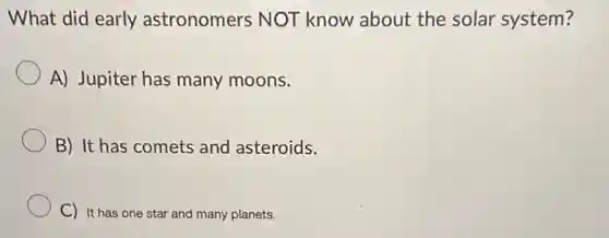 What did early astronomers NOT know about the solar system?
A) Jupiter has many moons.
B) It has comets and asteroids.
C) It has one star and many planets.